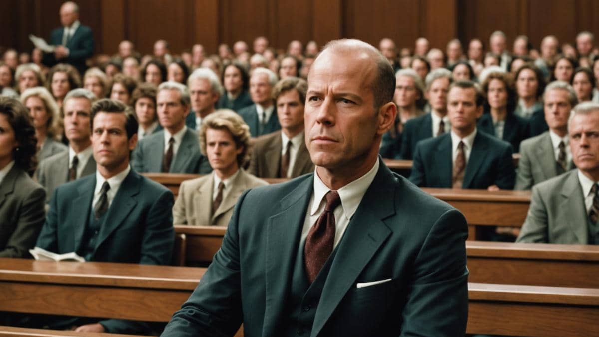 Bruce Willis: ¿Sabías que debutó en el cine como figurante en ‘Veredicto Final’? A young Bruce Willis, dressed in early 1980s attire, sitting among the audience benches of a dramatic courtroom scene from a classic film, photorealistic editorial style, moody cinematic lighting, central focus on Willis's subtle facial expression as he watches the proceedings intently, other figures slightly out of focus, vintage courtroom details in the background.