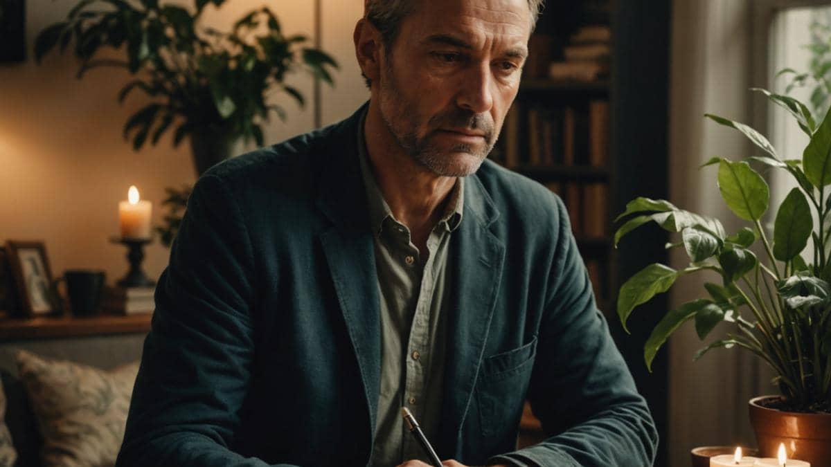 Depresión: ¿Por qué incluso los exitosos pueden sentirse vacíos? Mi mirada y claves para salir adelante A thoughtful, middle-aged man sitting in a modern, softly lit apartment filled with plants and books, looking introspective at a table with an open journal, photorealistic editorial style. The mood is contemplative yet hopeful, with warm light from aromatic candles highlighting the scene. The main subject is well-centered and in sharp focus, background details subtly showing elements of self-care and mindfulness.