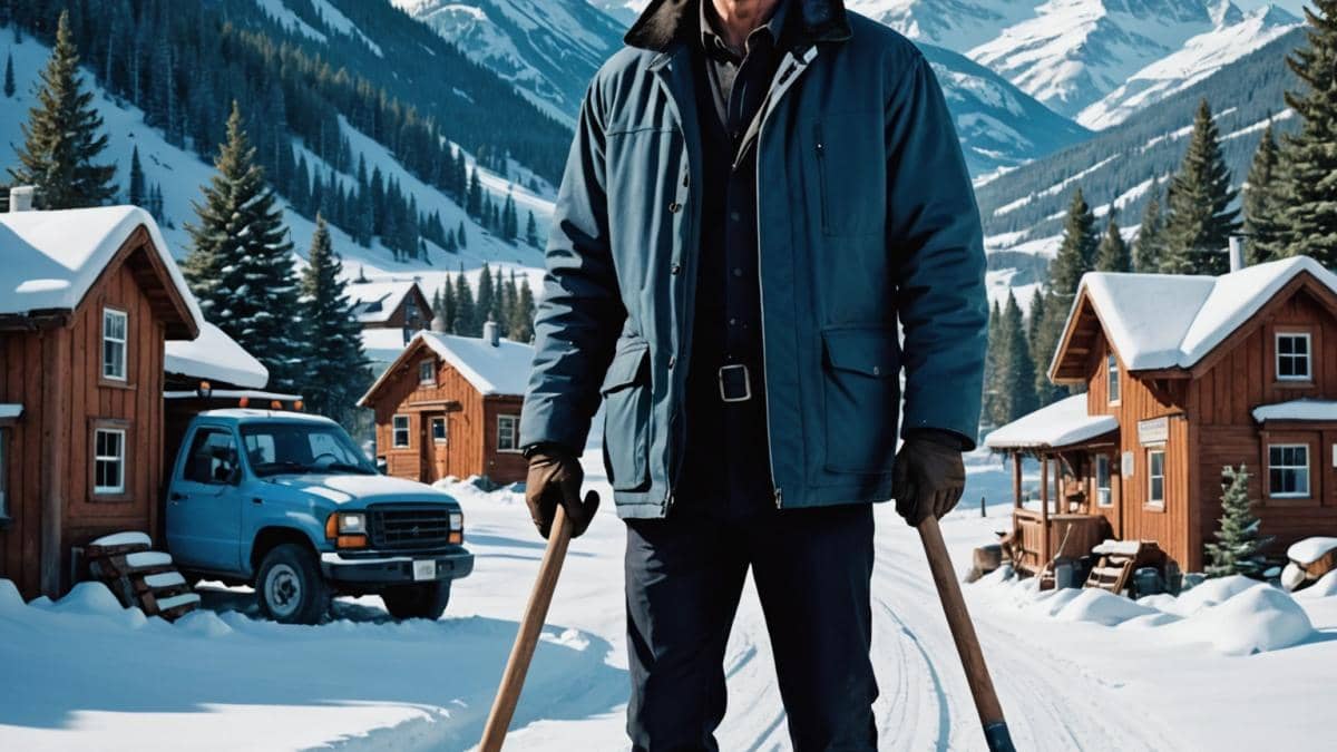 Streaming y Liam Neeson: ¿Por qué ‘Venganza bajo cero’ es mucho más que otra peli de acción? Liam Neeson as a stoic snowplow driver in a snowy, isolated Colorado village, photorealistic editorial style, center-focused shot of Neeson holding snow shovel with determined look, backdrop of snow-covered mountains and quirky roadside signs, cold blue lighting with cinematic atmosphere, clear and sharp image with dramatic winter details.