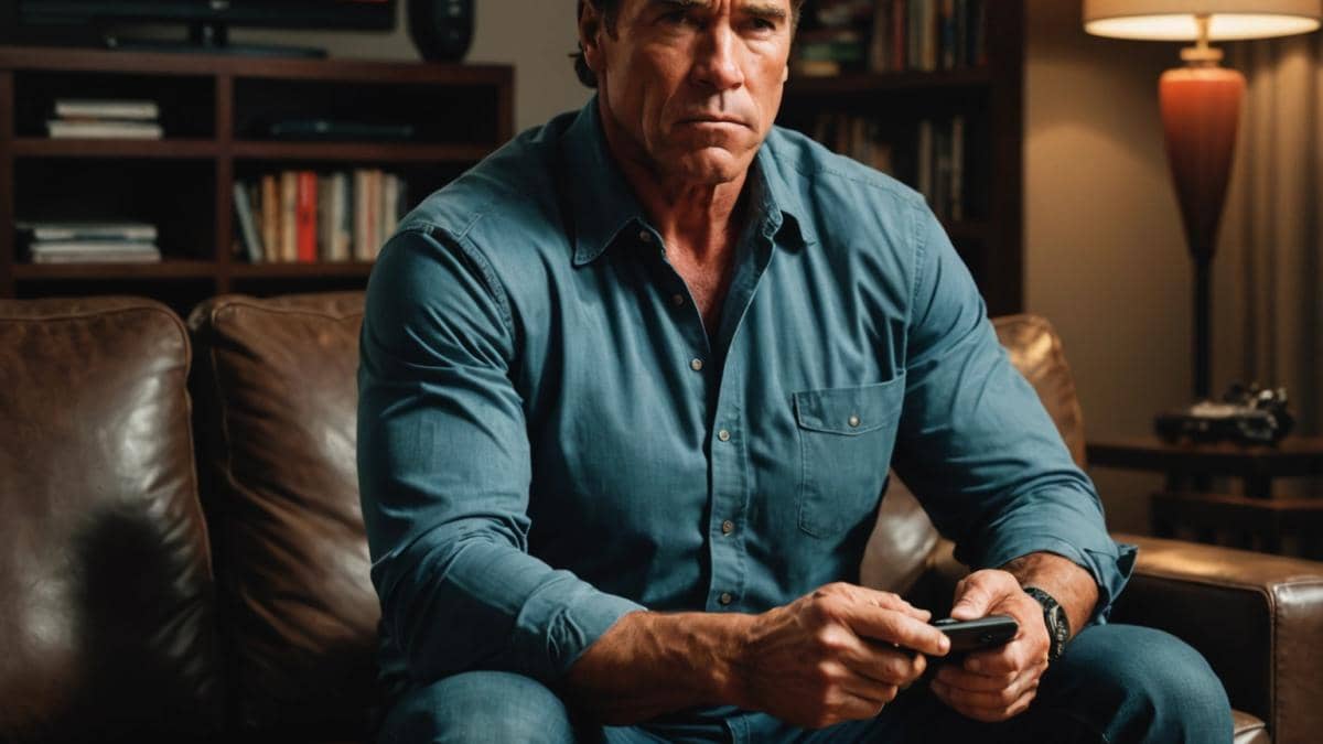 Netflix: ¿Por qué el gran fracaso de FUBAR 2 revela más de lo que crees? Arnold Schwarzenegger sitting in a dimly lit modern living room, looking contemplative and slightly frustrated, holding a remote control with the Netflix logo visible on the TV in the background. Editorial, photorealistic style. The atmosphere is tense yet introspective, with subtle references to streaming culture (like popcorn and open laptop on a table), main subject centered and in sharp focus.