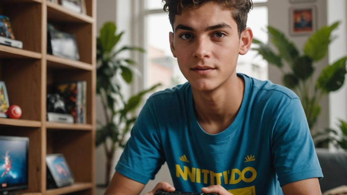 Nintendo Switch 2: ¿Por qué el precio en Brasil indigna y qué revela sobre la industria? A center-focused shot of a young Brazilian gamer in a modest apartment, holding a Nintendo Switch 2 box with a mix of excitement and disbelief. Photorealistic editorial style, natural daylight coming through the window, visible price tag in Brazilian reais on the box, vintage gaming consoles and tech memorabilia on shelves behind, clear focus on the person's face and the console box, background slightly blurred for emphasis.