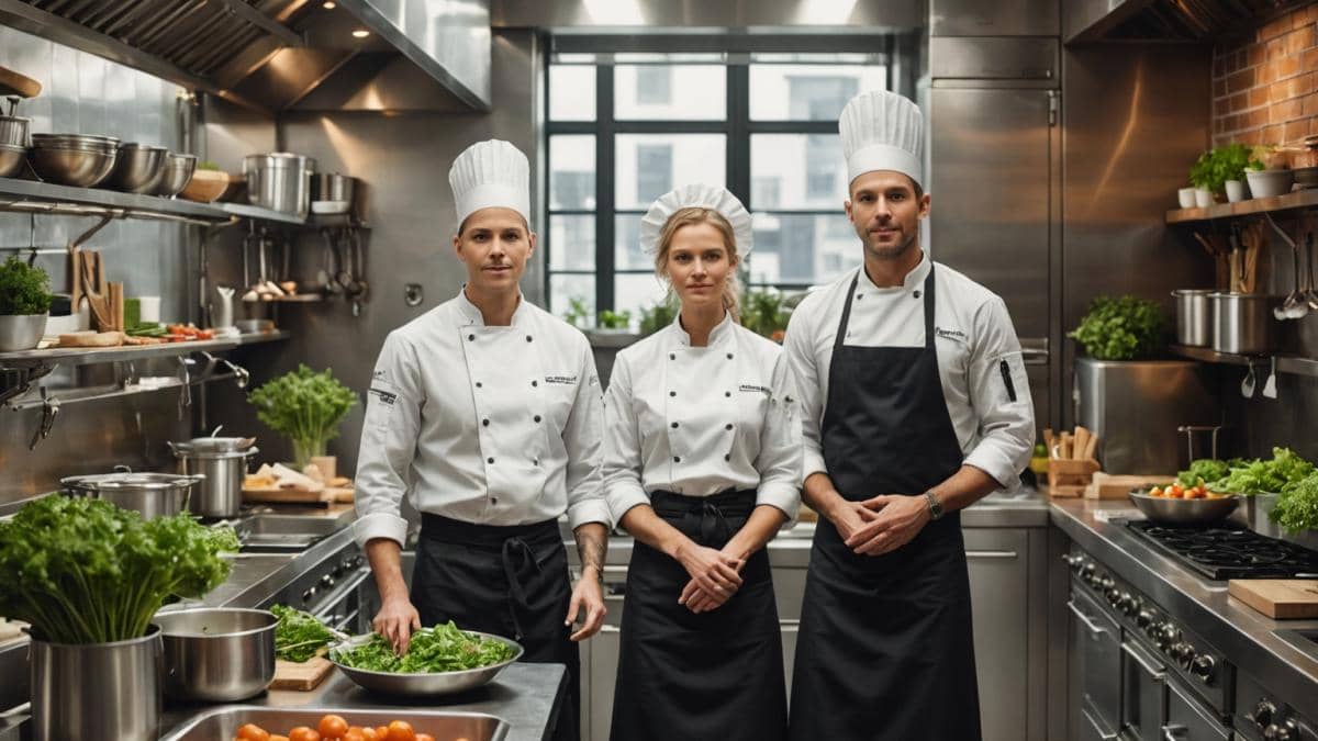 A photorealistic editorial-style image of a modern professional kitchen in a trendy urban restaurant, with two chefs (a woman and a man, both young and stylish) standing back-to-back at the center, focused but calm, surrounded by stainless steel equipment, warm natural lighting from large windows highlighting fresh produce and herbs on the counters, subtle details showing their teamwork (shared utensils, matching aprons), capturing both tension and complicity. The main subjects are well-centered and in sharp focus with a slightly blurred background that shows bustling kitchen activity.