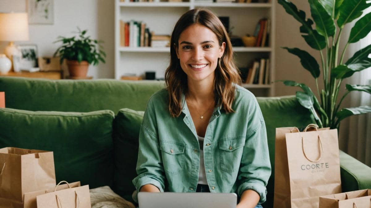 A stylish young woman at home in Madrid, sitting on her sofa surrounded by shopping bags labeled 'El Corte Inglés' and a laptop open to an online outlet sale, photorealistic editorial style, bright natural light, green plants and candles in the background, the main subject centered and smiling confidently while comparing clothing items.