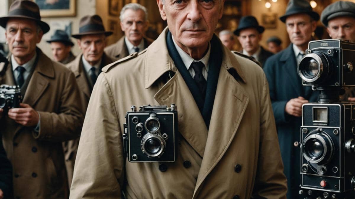 Jean Gabin: El actor “intocable” que dividió a la Francia del cine clásico A well-dressed, older French actor on a 1950s Paris film set, surrounded by vintage cameras and crew, tense atmosphere, photorealistic editorial style, soft morning light, details like classic trench coat and cigarettes, main subject centered and sharply in focus against blurred background of old studio equipment.