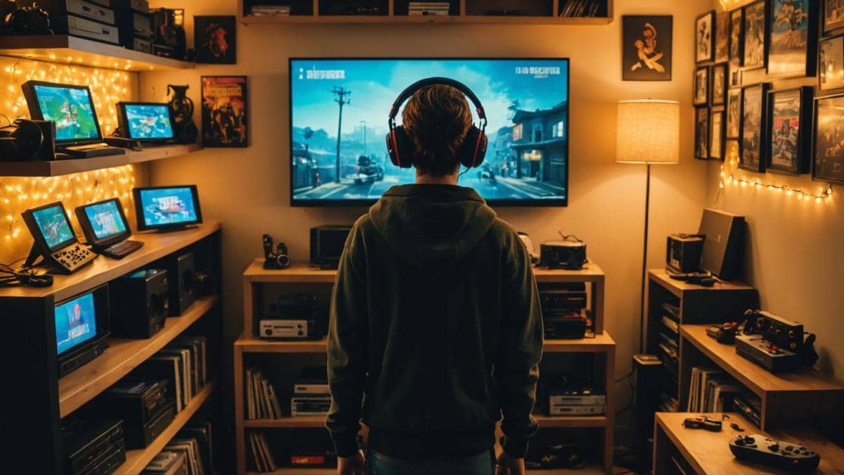 Nintendo Switch 2: ¿Qué significa la compatibilidad total con Rockstar Games? A photorealistic editorial-style image showing a young gamer in his apartment, surrounded by retro and modern consoles, playing Nintendo Switch 2 with the screen displaying a Rockstar Games title like Grand Theft Auto or Red Dead Redemption. The room is vibrant with shelves full of game cartridges, posters of Rockstar classics, and soft natural lighting. The main subject (the gamer) is centered, in sharp focus, looking excited and immersed in play. Clean background with subtle gaming paraphernalia.