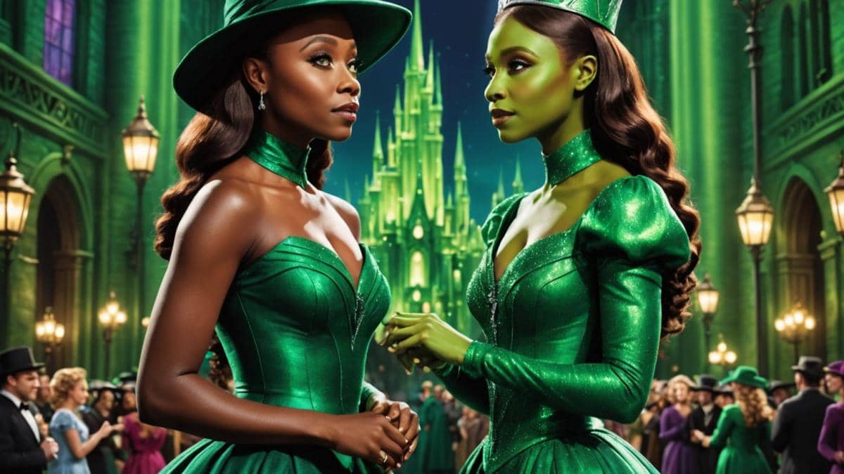 Wicked: For Good y el fenómeno musical que redefine Oz desde dentro Cynthia Erivo and Ariana Grande in full Elphaba and Glinda costumes, standing face-to-face on an emerald-green set inspired by Oz, photorealistic editorial style, vibrant theatrical lighting with spotlights, background shows hints of iconic Oz landmarks, both actresses clearly centered and in sharp focus, dramatic yet hopeful mood.