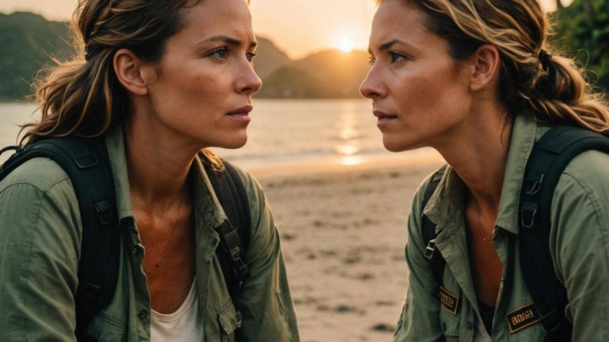 Koh-Lanta: ¿Por qué la traición de Gaëlle no me dolió tanto como esperabas? A close-up of two women in their late 30s, sitting face-to-face on a tropical beach at sunset, photorealistic editorial style, one woman looking apologetic while the other listens thoughtfully, both wearing rugged adventure clothing and game buffs, the mood is emotional but composed, center-focused with clear facial expressions and natural warm lighting.