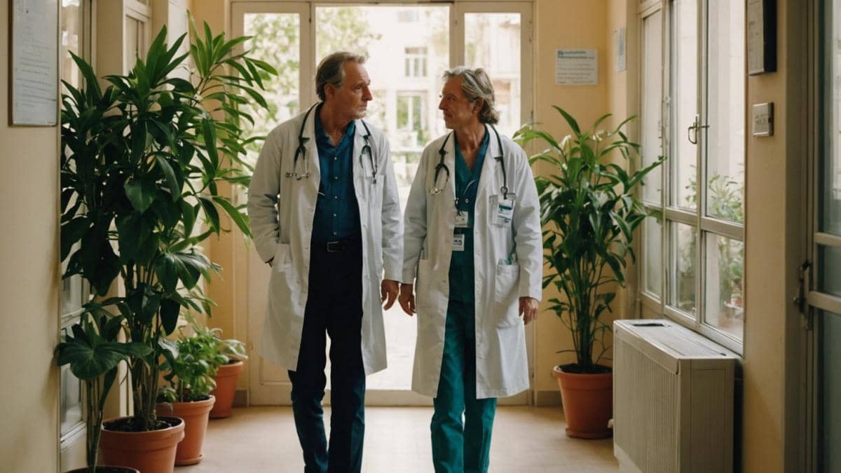 Un Si Grand Soleil: ¿Qué nos enseña sobre el bienestar y la empatía real? A lively hospital corridor in Montpellier, with two central characters—a woman doctor and a middle-aged man—engaged in a sincere, emotional conversation, photorealistic editorial style, warm daylight filtering through windows, medical charts and plants in the background, both subjects well-centered and sharply focused, conveying trust and vulnerability.