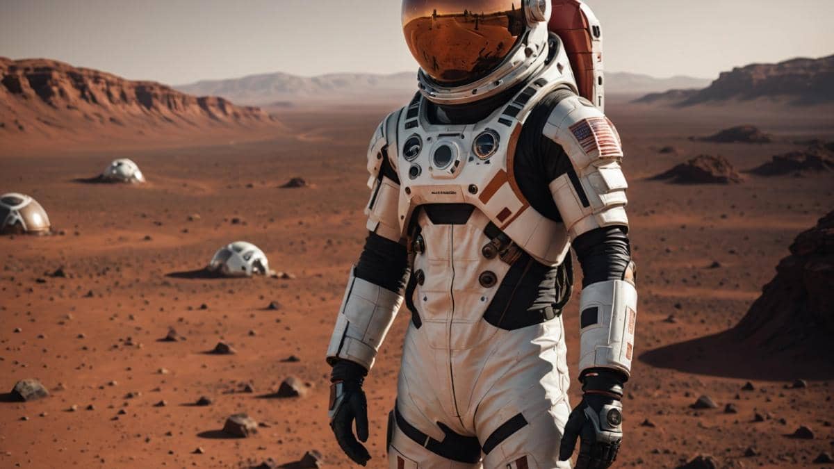 ¿Realmente salvará Marte a la humanidad? Lo que no te cuentan del plan de Elon Musk A photorealistic editorial-style image of a person in a sleek modern spacesuit standing on the barren red surface of Mars, gazing pensively at a small Earth visible in the sky. The atmosphere is stark and cold, with rugged terrain, scattered technological gadgets, and harsh lighting highlighting the inhospitable landscape. The main subject is centered and in sharp focus, conveying isolation and determination.