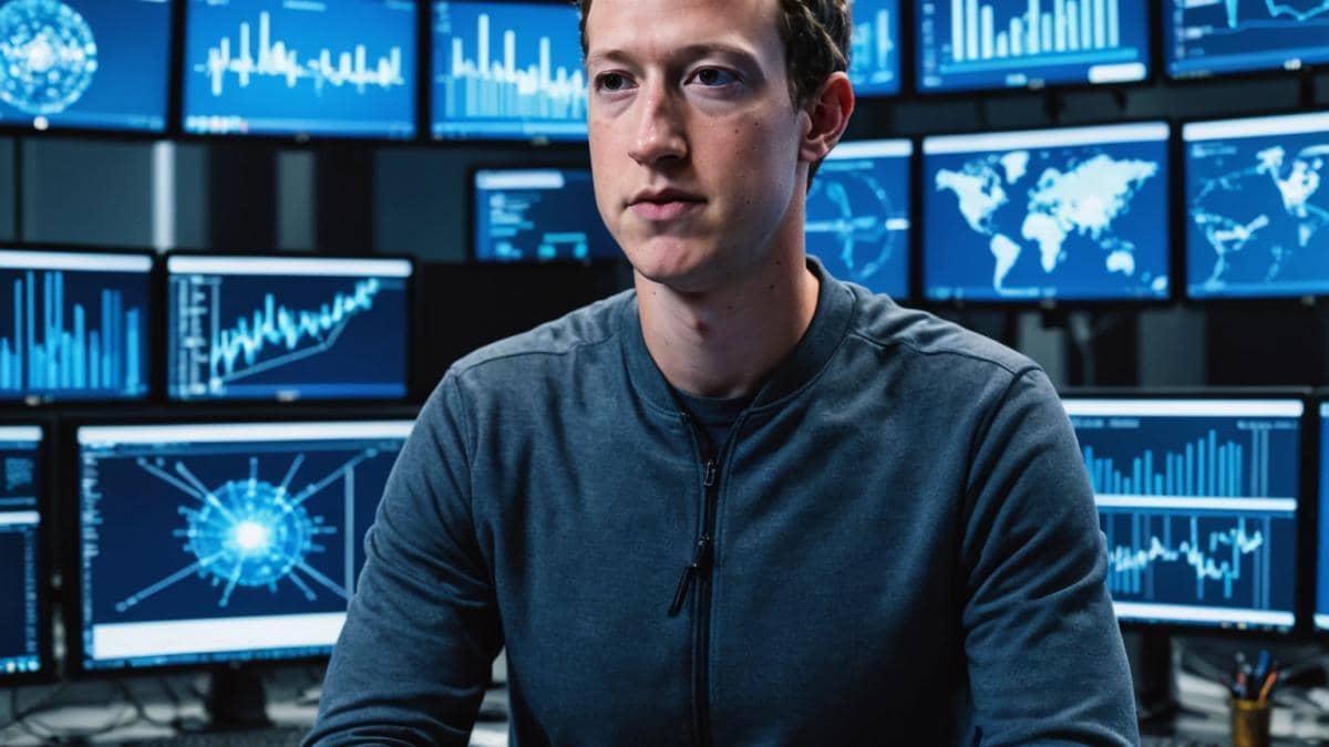 Mark Zuckerberg seated at a sleek, modern tech office, facing multiple computer screens displaying AI code and neural network diagrams, photorealistic editorial style, dramatic lighting with a high-tech blue glow, stacks of documents labeled 'Superintelligence Lab', glass walls with cityscape view in the background, Zuckerberg centered and focused, subtle reflections hinting at urgency.