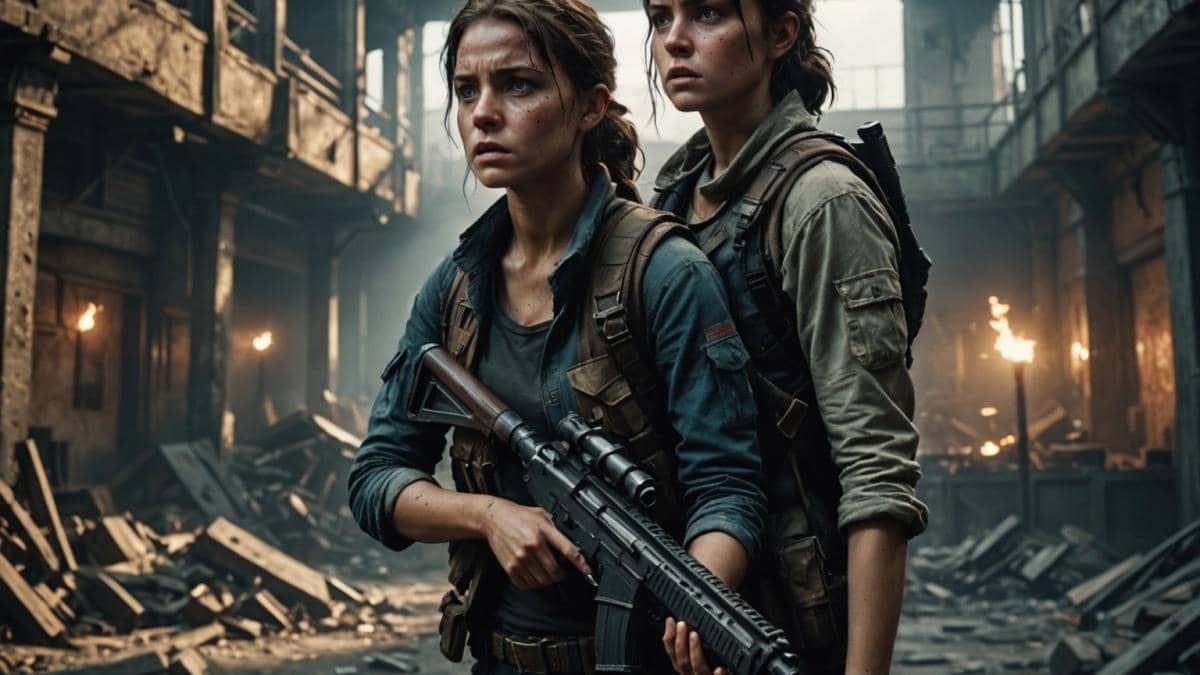 The Last of Us: Parte II, ¿por qué jugarlo duele tanto (y por qué eso importa)? A tense moment between two video game characters in a dimly lit, post-apocalyptic theater, photorealistic editorial style, the main subject is a conflicted young woman holding a weapon but hesitating, her face illuminated by dramatic lighting, empty seats and decaying architecture in the background, atmosphere heavy with emotion, center-focused composition with sharp focus on the protagonist's expression.