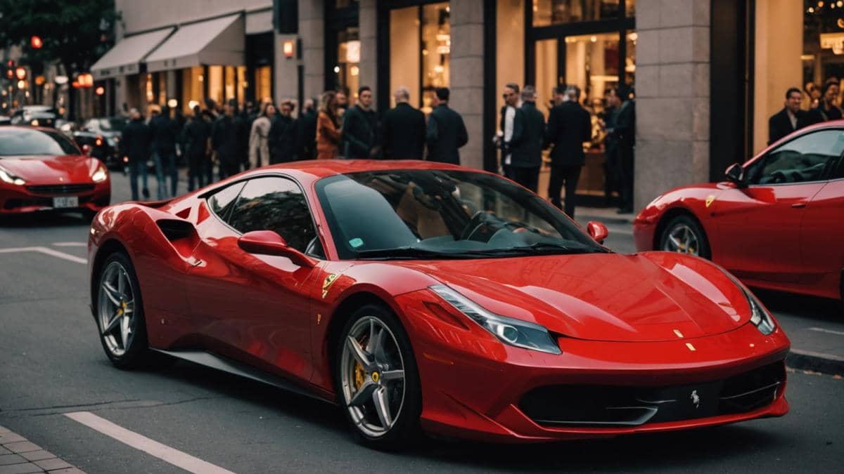 ¿Ferrari eléctrico? El giro inesperado que nadie te cuenta (y por qué a los millonarios no les emociona) A luxurious, red Ferrari sports car parked in an upscale city street at dusk, surrounded by curious onlookers. Photorealistic editorial style, main subject is the Ferrari sharply centered and in focus, city lights reflecting on its polished surface, a subtle hint of modern electric charging stations in the background. Vibrant atmosphere with sleek design details, clean urban environment.