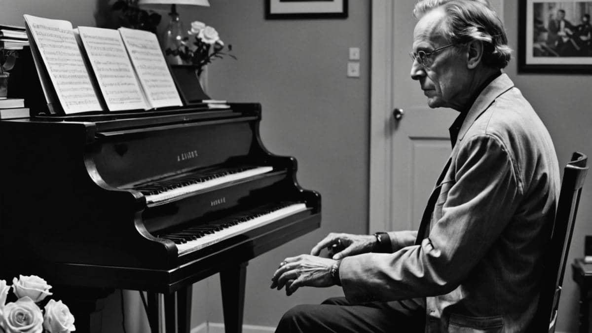 Jean-Jacques Debout: el primer amor secreto que inspiró su música Jean-Jacques Debout seated at a piano in a warmly lit vintage living room, surrounded by old photographs, vinyl records, and roses. He gazes thoughtfully at an old black-and-white photo of a young woman, evoking nostalgia and deep emotion. Editorial, photorealistic style, main subject centered and in sharp focus, background with subtle musical notes and soft evening light.