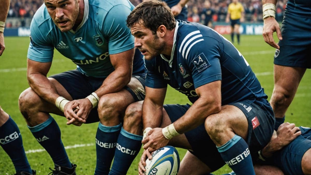 Lesiones en rugby: ¿hasta dónde arriesgar por la gloria del Top 14? A professional rugby match moment, a player from Toulouse sitting on the field with medical staff examining his mouth, concerned teammates nearby, photorealistic editorial style, dramatic evening stadium lighting, visible grass stains and sweat, main injured player well-centered and in sharp focus, subtle background showing crowd and scoreboard.