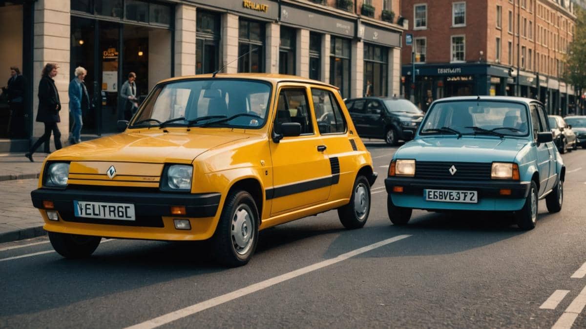 Renault 5: ¿Electrificar la nostalgia o abrazar el futuro? Two generations of Renault 5 cars, the classic 1980s model and the modern electric E-Tech, parked side by side in a vibrant urban setting, photorealistic editorial style, soft natural daylight, both vehicles centered and in sharp focus, city life in the background with pedestrians glancing curiously, subtle reflections on clean car surfaces highlighting their iconic designs.