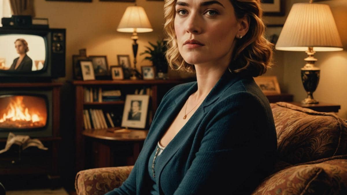 Kate Winslet y Titanic: ¿Por qué la actriz evita ver su papel más icónico? Kate Winslet seated in a cozy, softly-lit living room filled with film posters and vintage decor, turning away from a television screen showing a scene from Titanic, photorealistic editorial style, reflective mood, her expression mixed between nostalgia and discomfort, main subject clearly centered and in focus, clean background with subtle movie memorabilia.