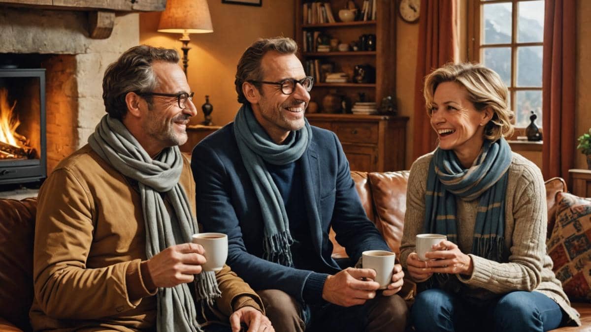 Un domingo a la francesa: ¿por qué Un dimanche à la campagne seduce… y resfría? A photorealistic editorial image showing French TV host Frédéric Lopez, Laurent Ruquier, and Caroline Anglade seated in a cozy yet visibly chilly countryside cottage living room. They are dressed warmly with scarves and sweaters, mugs of hot tea in hand. The main focus is on the three guests laughing together, with visible breath mist suggesting cold air. Soft natural lighting filters through large rustic windows. The mood is friendly but with an undertone of discomfort due to the cold environment, props like blankets draped over chairs reinforce the ambiance. Center composition ensures all three personalities are clearly in focus.