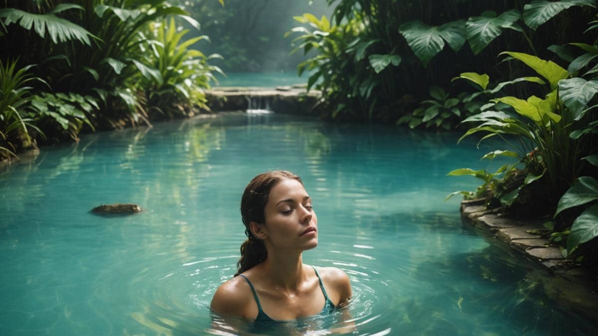 Lugares secretos en Guadalajara: lo que ni los locales imaginan (y cómo transforman tu bienestar) A serene scene of a turquoise thermal pool surrounded by lush endemic vegetation, with soft morning light. In the center, a young woman relaxes in the steaming water, eyes closed and slight smile, exuding peace. Editorial photorealistic style, fresh green tones and mist rising from the surface, clear focus on the main subject, tranquil atmosphere, with subtle details like rocks and wildflowers at the edges. The background is clean and natural to emphasize the intimate connection with nature.