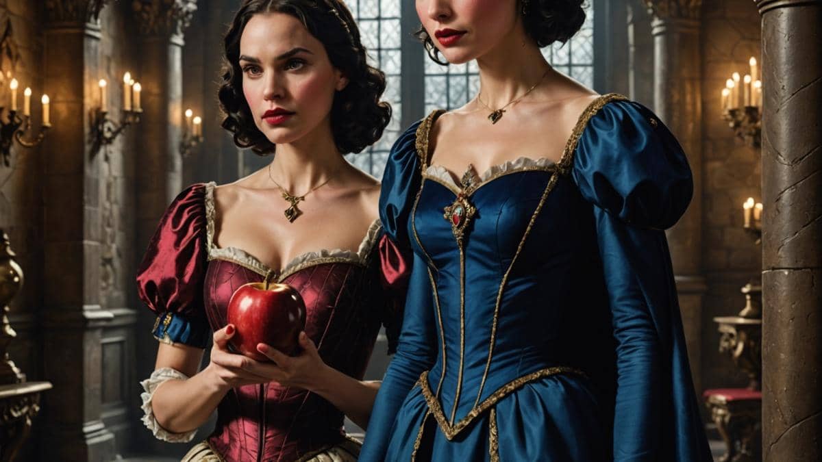 Rachel Zegler as Snow White and Gal Gadot as the Evil Queen, in an ornate castle hallway, photorealistic editorial style, dramatic lighting with deep shadows and rich colors, both actresses centered and in sharp focus, Rachel Zegler holding a symbolic red apple while Gal Gadot stands behind her with a stern gaze, luxurious costumes and magical atmosphere.