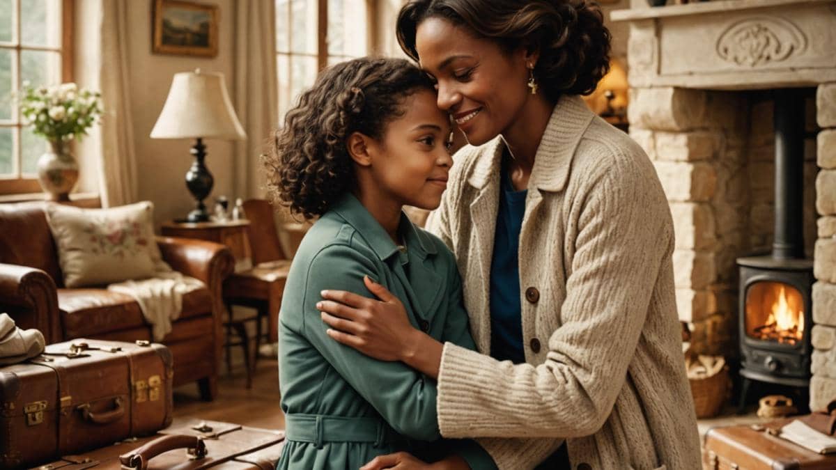 Béatrice de La Boulaye: Tropiques Criminels, maternidad y el arte del equilibrio French actress Béatrice de La Boulaye, center-focused and in sharp focus, sharing a tender moment with her young daughter Nina at a cozy home interior, soft natural daylight, both smiling gently while holding each other, subtle hints of packed suitcases and scripts in the background, photorealistic editorial style, warm and inviting atmosphere, main subjects clearly centered and well-lit.