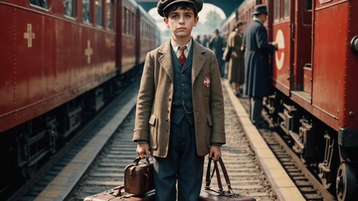 A young Italian boy in the late 1940s, dressed in vintage clothes, standing on a busy train platform with an old suitcase, surrounded by anxious families and Red Cross volunteers, photorealistic editorial style, soft morning light with a nostalgic atmosphere, clear focus on the boy centered in the image, subtle background of steam trains and period details.