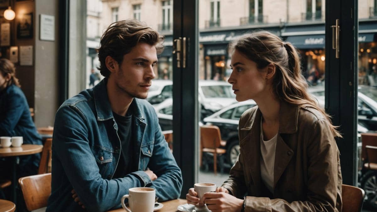 Ici tout commence: ¿Qué nos enseña el drama de Tom sobre salud mental y redes sociales? A dramatic scene in a modern French café, two young adults facing each other with tense expressions, editorial photorealistic style, natural daylight streaming through large windows, subtle details like a smartphone on the table showing social media comments, stylish casual clothing, background blurred but hinting at Parisian streets, main subjects well-centered and in sharp focus.