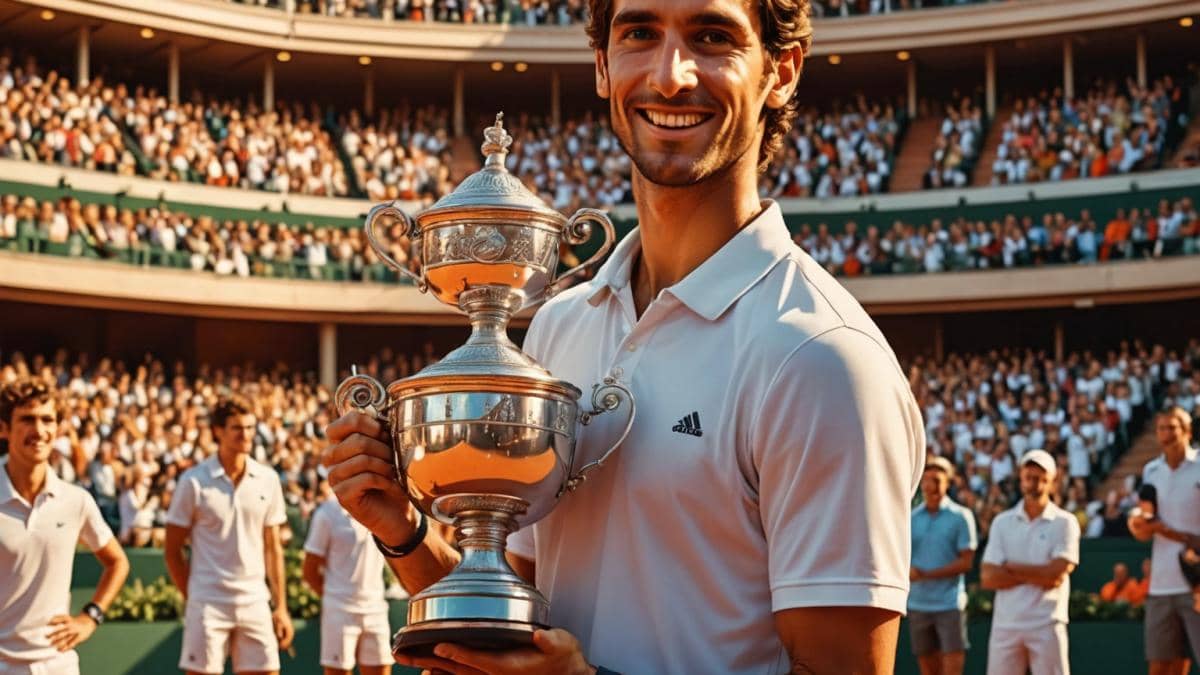 Carlos Alcaraz en Roland-Garros: ¿Qué nos enseña su épica victoria sobre la resiliencia deportiva? A young Spanish tennis player, center-focused, lifting the Roland-Garros trophy triumphantly on a clay court, surrounded by his joyful family and coach, photorealistic editorial style, warm sunset lighting, Parisian stadium backdrop with subtle crowd and luxury ambiance, main subject in sharp focus, vivid expressions of celebration.