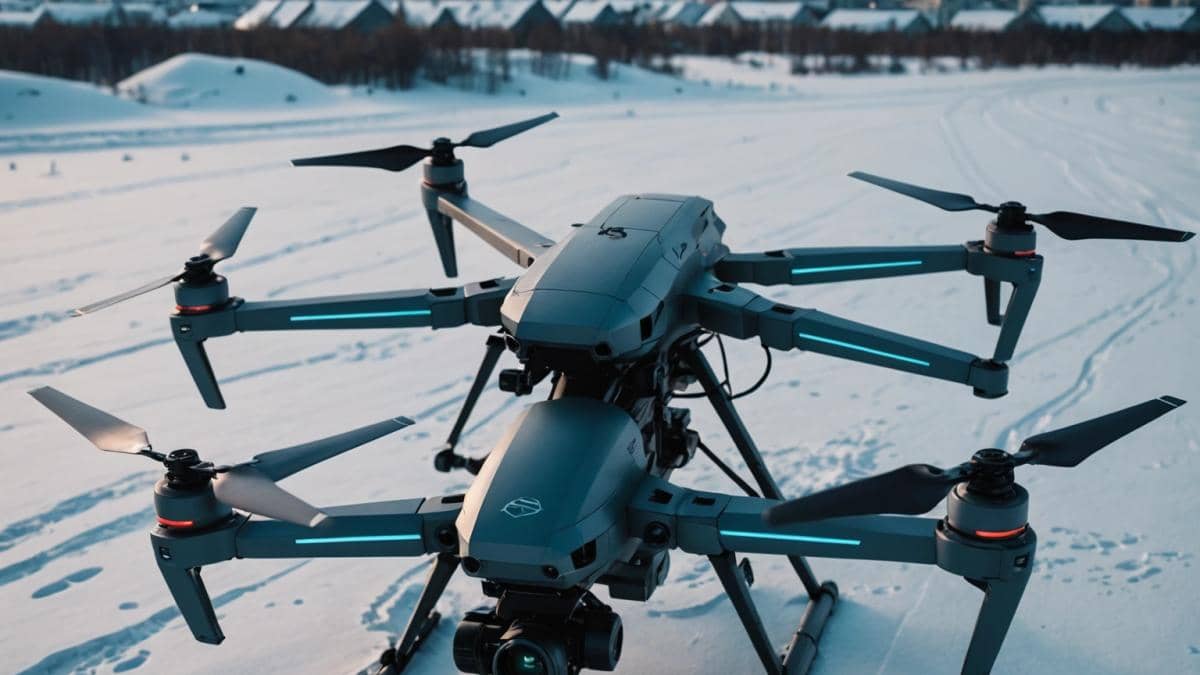 Drones, IA y fibra óptica: ¿Quién lidera la guerra tecnológica en Ucrania y Rusia? A close-up of a modern military drone flying above a snowy battlefield near Moscow, photorealistic editorial style, dramatic lighting with cold blue tones, the drone's intricate components visible—autonomous navigation systems, high-grade materials—and hints of fiber optic cables. In the background, distant silhouettes of other drones and faint city lights. The main drone is well-centered and sharply focused for a professional, buzzworthy look.