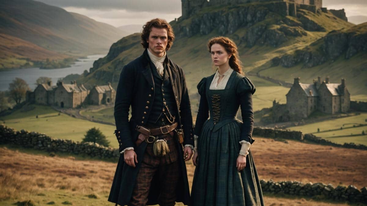A dramatic scene set in early 18th-century Scottish Highlands, photorealistic editorial style, two young protagonists dressed in period clothing stand at the center, misty landscape with rugged hills and an ancient stone castle in the background, moody but warm lighting highlights their faces, historic props like tartan plaids and vintage lanterns visible, cinematic atmosphere, main characters sharply in focus and centered.