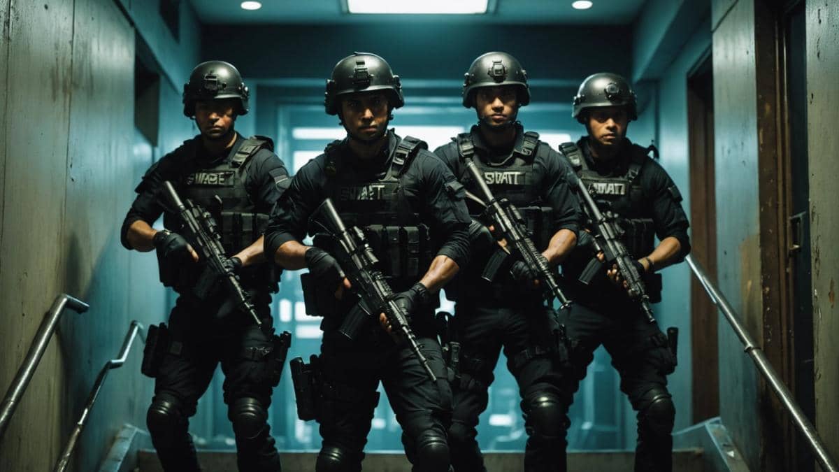 The Raid: ¿Por qué este clásico de acción sigue subiendo el listón trece años después? A tense scene inside a dimly-lit Jakarta high-rise, a group of focused SWAT officers in tactical gear advancing up a stairwell, photorealistic editorial style, gritty atmosphere with dramatic shadows and neon-lit windows, sharp focus on the central officer gripping his weapon, background blurred for intensity and cinematic effect.