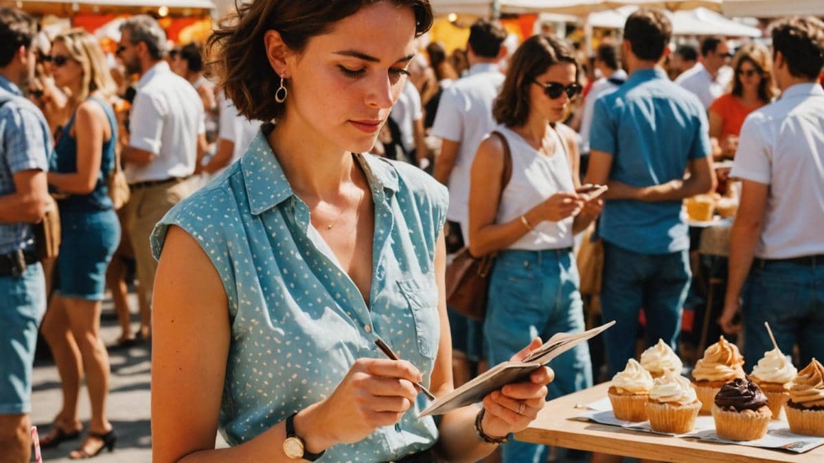 A photorealistic, editorial-style image of a vibrant summer scene at an outdoor cultural festival in Madrid, with people enjoying live music, food stands selling trendy pastries and soft-serve ice cream, vintage movie posters and vinyl records on display. The main subject is a stylish woman in her mid-30s taking notes in a Moleskine notebook, surrounded by buzzing crowds and colorful lights, sunny late afternoon lighting, the central figure sharply in focus and well-centered, background softly blurred.