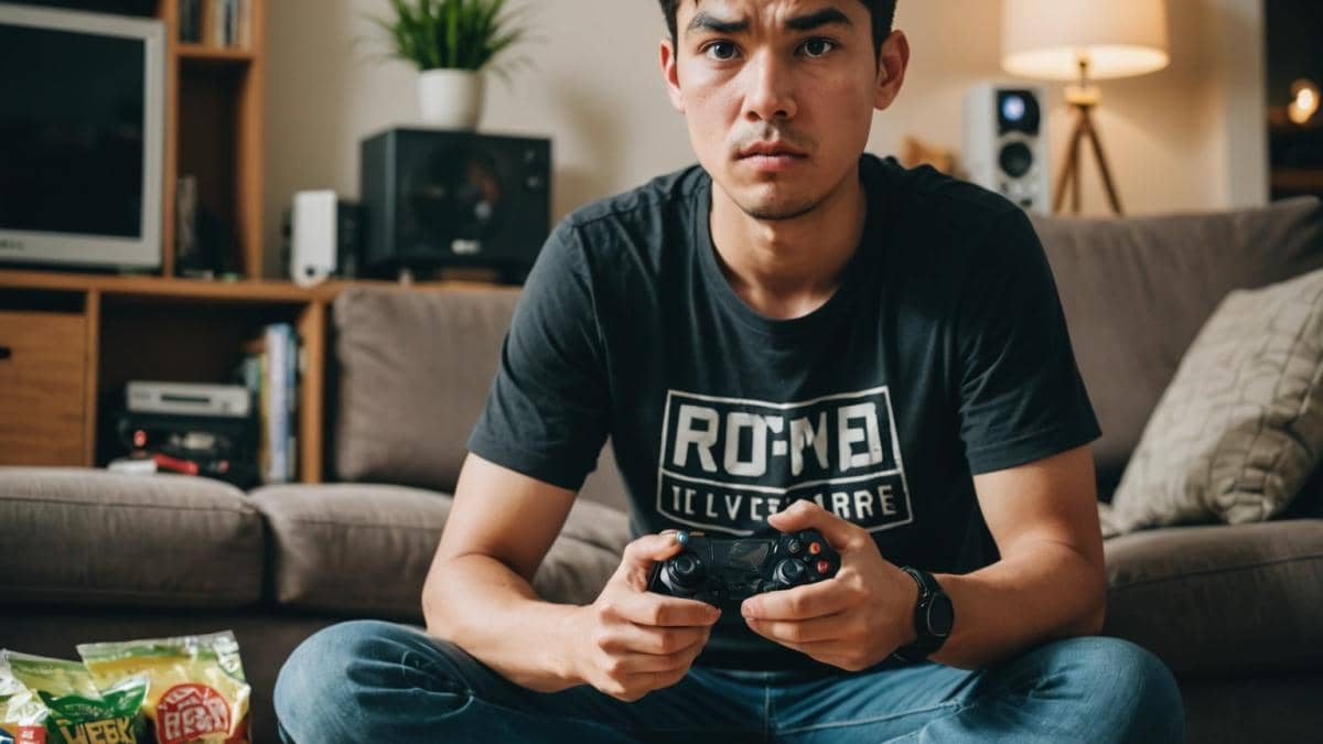 Estafas en Amazon con hardware gaming: ¿Por qué recibí arroz y pasta en vez de mi RTX 5090? A frustrated gamer sitting in a modern living room, holding an open graphics card box filled with rice and noodles instead of a GPU, photorealistic editorial style, well-lit with a clear focus on the box and the gamer's surprised expression, old and new game consoles visible in the background, main subject centered and sharp.