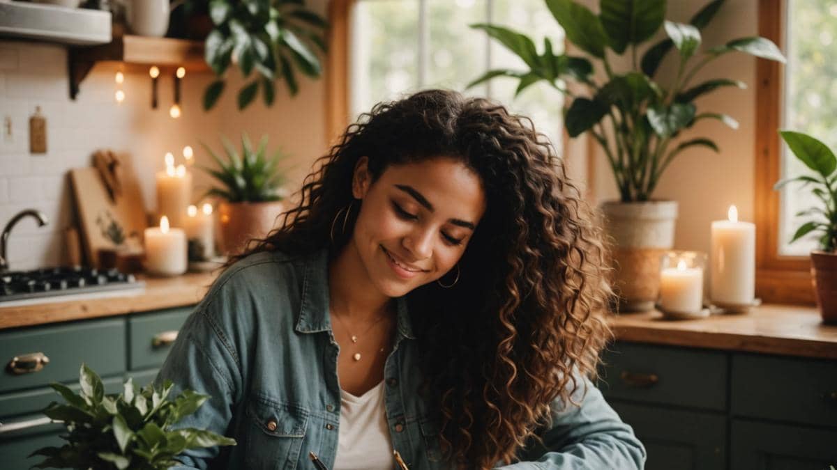 Frases de felicidad: ¿Realmente pueden cambiar tu bienestar diario? A young Latina woman sitting at a cozy table with plants and candles, smiling while writing positive affirmations in a journal, photorealistic editorial style, warm morning light, books and a cup of tea beside her, the scene is centered on her thoughtful expression and calm atmosphere, clean background with subtle home decor details.