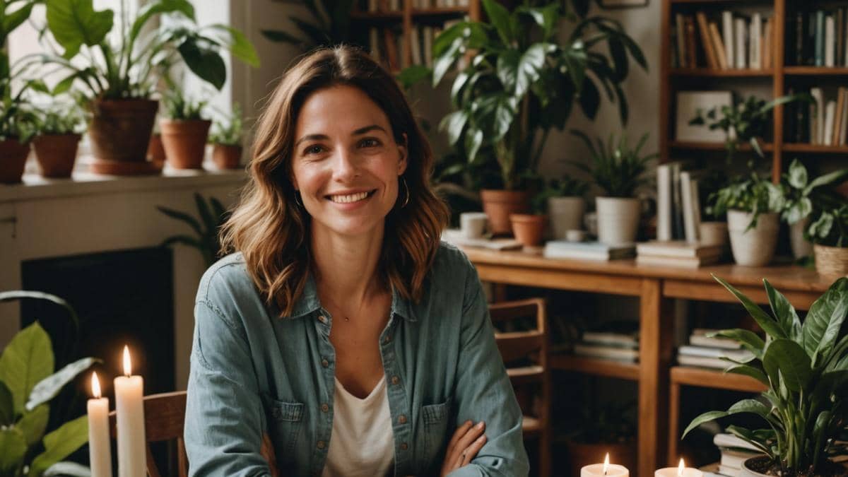 Comunicación emocionalmente inteligente: ¿Por qué el ‘cómo’ es más poderoso que el ‘qué’? A confident young woman in her early thirties, sitting in a cozy Buenos Aires apartment filled with plants and soft natural light, engaged in a heartfelt conversation with a friend across the table. Both are smiling and making expressive gestures, emphasizing emotional connection. Editorial, photorealistic style, the main subject (the woman) is centered and in sharp focus, surrounded by books and candles for a warm, inviting atmosphere.