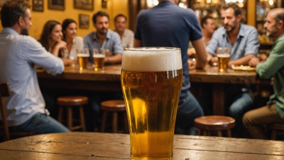 Consumo de cerveza en España: ¿por qué caemos mientras el turismo sube? A busy Spanish bar in Cádiz, central focus on a half-empty beer glass on a rustic wooden table, with blurred locals and tourists in the background, photorealistic editorial style, warm evening lighting, visible traditional tapas plates and vibrant market atmosphere. Main subject—the beer glass—well-centered and sharply in focus, lively and authentic environment.