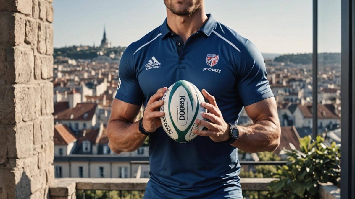 Antoine Dupont, deporte y fama: ¿puede un atleta ser auténtico en la era del foco mediático? Antoine Dupont, French rugby player, standing confidently on a terrace overlooking a city, photorealistic editorial style, balanced mood with soft natural lighting, wearing casual sportswear and holding a rugby ball in one hand while his phone lights up with notifications in the other. Subtle background elements hint at media attention—paparazzi cameras and flashes—but Dupont remains centered, calm and focused. The main subject is well-centered and in sharp focus.