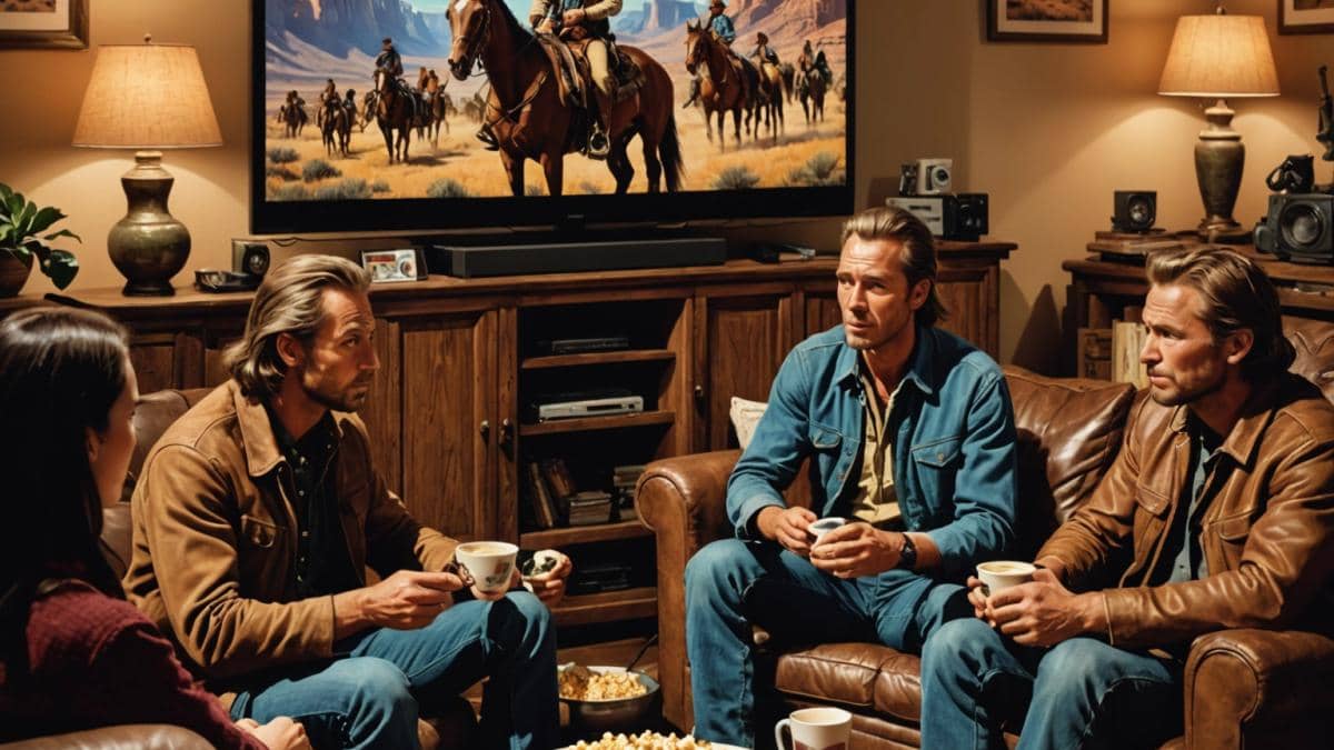 Western-Marathon en TV: ¿Por qué los Winnetou de Karl May siguen dividiendo a Europa? A modern living room at night, a large flat-screen TV showing a classic Western film with iconic characters like Winnetou and Old Shatterhand riding horses in rugged landscapes, photorealistic editorial style, warm cozy lighting, popcorn bowls on a coffee table, a diverse group of friends watching intently, main action centered and in sharp focus, subtle movie posters of old Westerns on the wall.