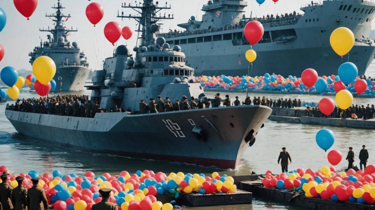 Corea del Norte y su barco de guerra: ¿Cómo la tecnología falló ante la propaganda? A massive North Korean warship partially submerged at a bustling port, surrounded by colorful rescue balloons and temporary ramps, photorealistic editorial style, tense atmosphere with concerned workers and political banners in the background, main subject—the warship—centered and sharply focused, bright daylight revealing damage and activity around the ship.