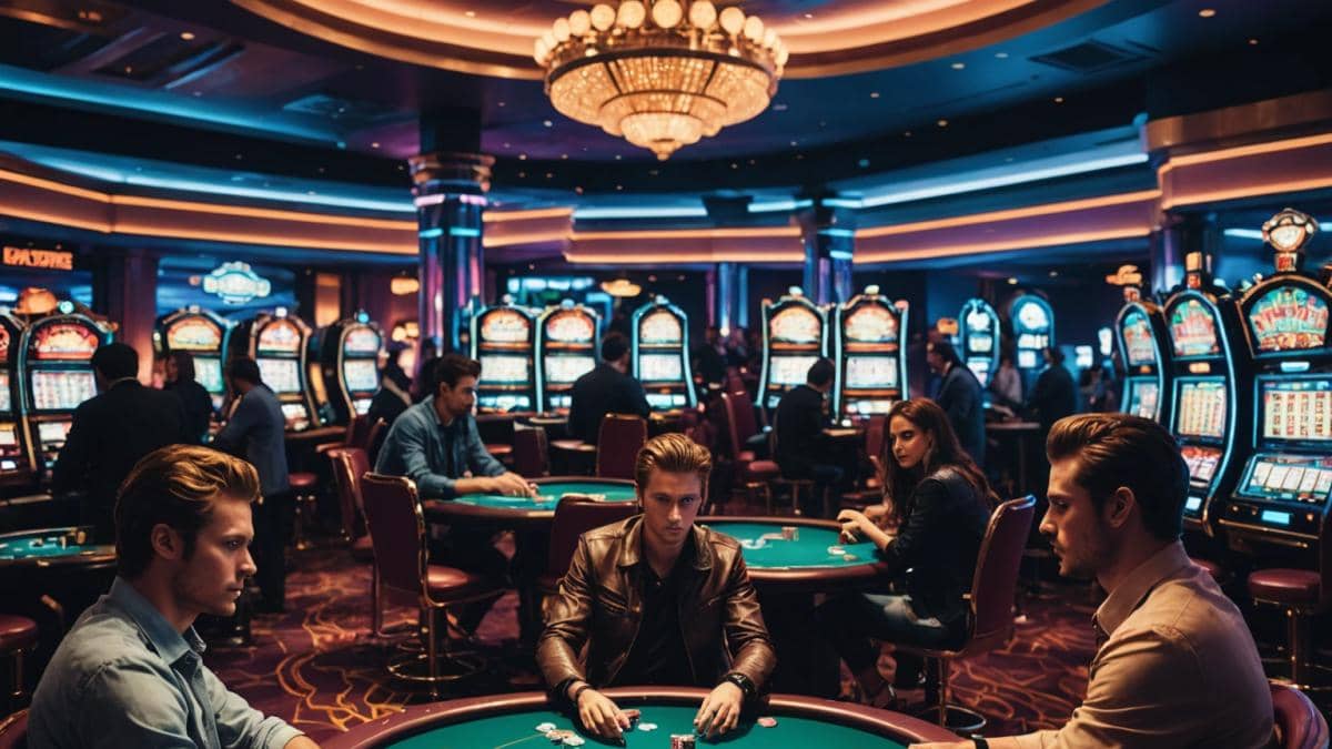 ¿GTA 6 con casino online? Lo que nadie te cuenta sobre su potencial A photorealistic, editorial-style image of a vibrant luxury casino interior in a video game setting, centered on a group of diverse young gamers intently playing at a high-stakes poker table, neon lights reflecting off polished surfaces, NPC dealers with expressive faces, and futuristic slot machines in the background. Mood is energetic yet suspenseful. The main subject—the intense poker game and characters—must be sharply focused at the center with a clean, immersive atmosphere.
