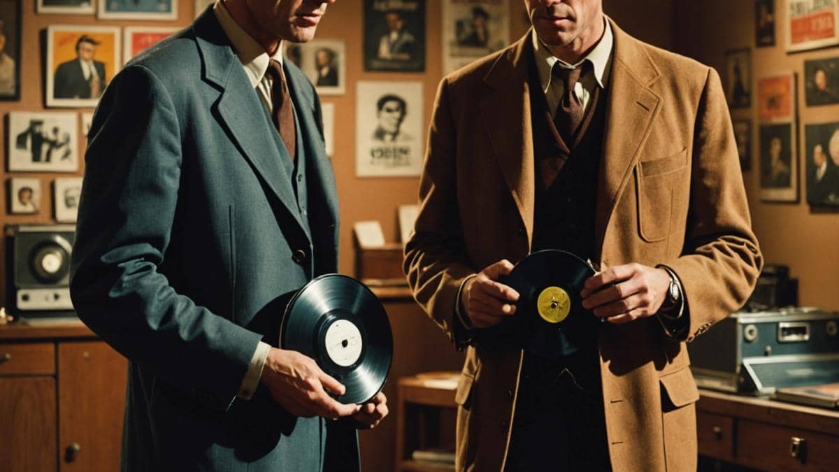 Joe Dassin: El legado oculto detrás de sus hijos y la herencia rota Two adult men in their 30s, standing apart in a moody, well-lit editorial-style photo, each holding a vintage vinyl record and looking away from each other. The background shows classic film posters and an old suitcase, evoking the nostalgia of Joe Dassin's era. The main subjects are clearly centered and in sharp focus, with soft dramatic lighting emphasizing their distance and emotional tension.