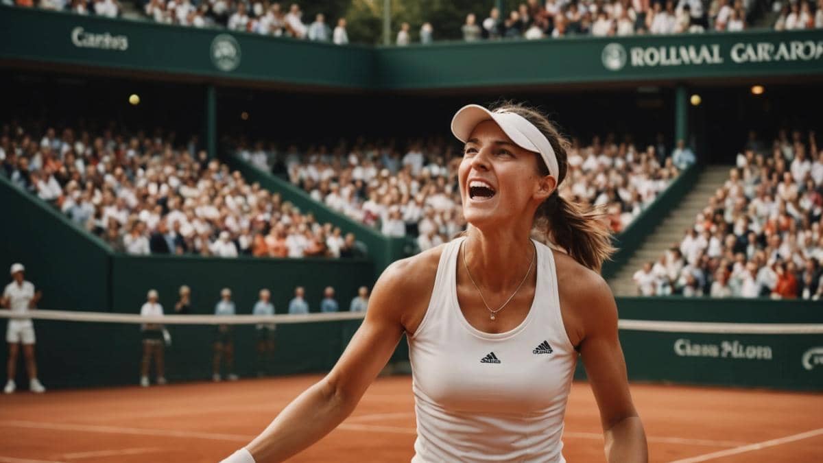 Tennis femenino: ¿Dónde están las verdaderas estrellas según Mouratoglou? A passionate female tennis player in her early twenties celebrating after a hard-fought match on a clay court, photorealistic editorial style, vibrant lighting with Roland-Garros branding visible, the main subject centered in focus, crowd and media flashes in the background for a sense of hype and achievement.