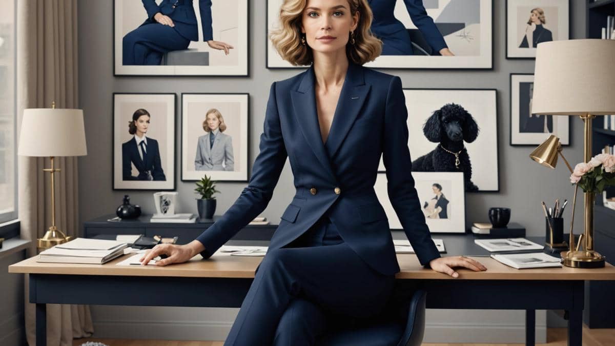 Liderazgo femenino en Dior: ¿qué nos enseña Delphine Arnault sobre discreción y éxito? Delphine Arnault, elegant woman in her early 50s, sitting confidently at a sleek modern desk in a Dior office, photorealistic editorial style, warm natural lighting, wearing a navy blue tailored pantsuit with subtle luxury details, her small gray poodle sitting at her feet, surrounded by minimalist decor and fashion sketches on the wall. The main subject is well-centered and in sharp focus.