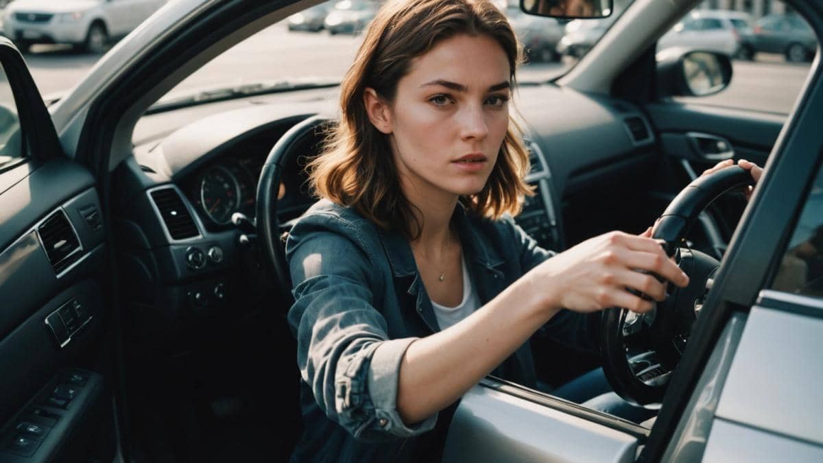 A young woman inside a modern car, turning down the radio volume with one hand while carefully maneuvering into a parking space, photorealistic editorial style, bright daylight coming through the windows, the city visible outside, focus on her concentrated expression and hand on the radio dial, main subject well-centered and in sharp focus.
