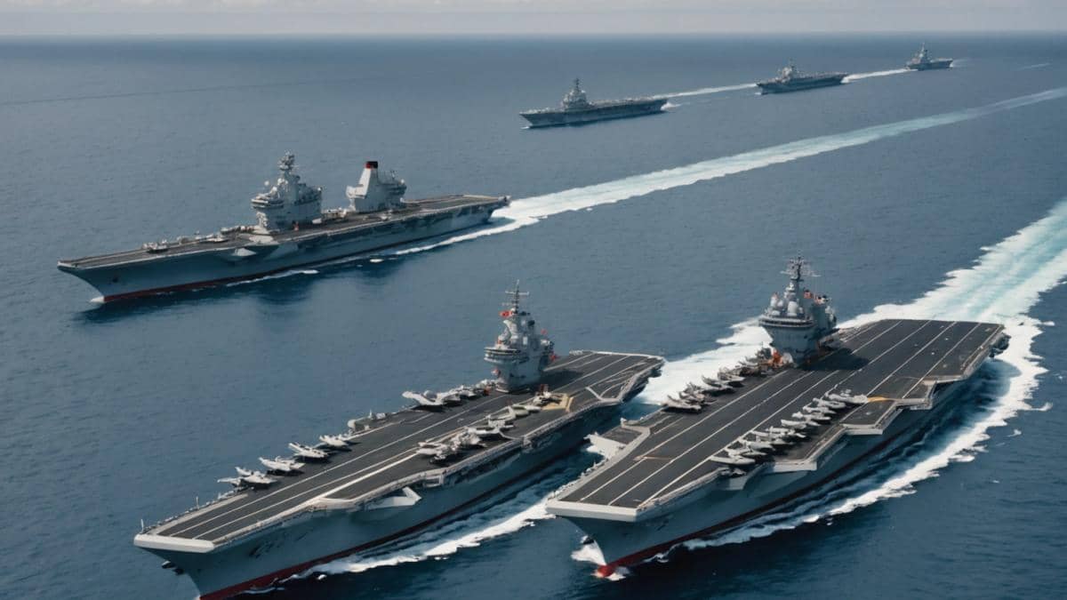 Tierras raras en Japón: ¿Por qué los portaaviones chinos cambian el juego tecnológico? A dramatic aerial view of two Chinese aircraft carriers near the remote Japanese island of Minamitori, photorealistic editorial style, central focus on the massive carriers with support vessels nearby, deep blue ocean, overcast sky, subtle Japanese coast guard ship in the background, tense and dynamic atmosphere, main subjects centered and sharply in focus.