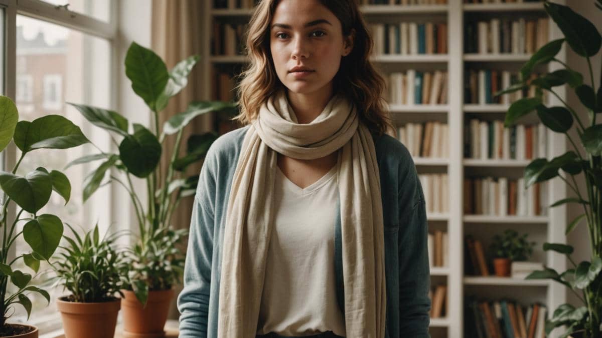 A young woman with natural curves, standing confidently in a modern apartment filled with plants and books, photorealistic editorial style, warm daylight through large windows, subtle fashion elements like a draped scarf and comfortable clothes, main subject well-centered and in sharp focus, background includes a shelf of personal development books and soft lighting from candles.