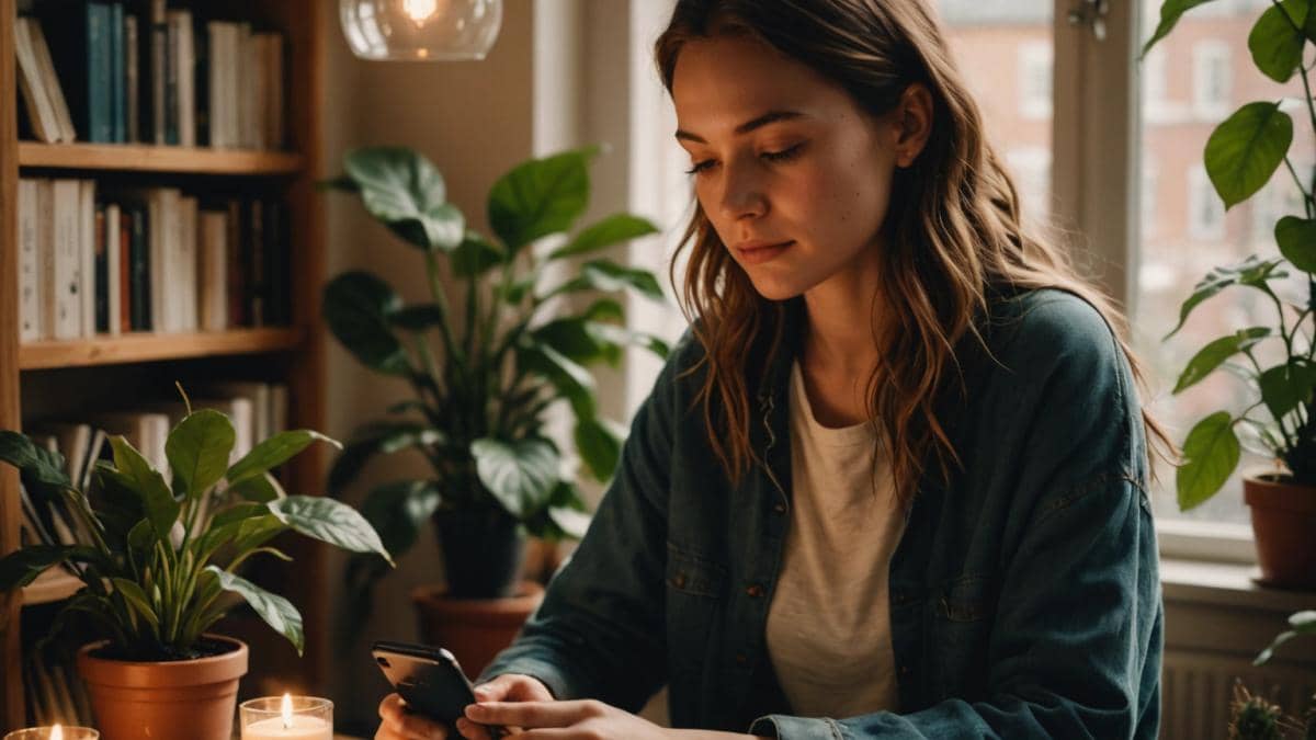 A young woman sitting in a cozy, plant-filled apartment, looking at her smartphone with a thoughtful yet resilient expression, photorealistic editorial style, warm natural lighting streaming through a window, surrounded by books and candles on a wooden table, atmosphere of calm determination, main subject well-centered and sharply focused for clarity.