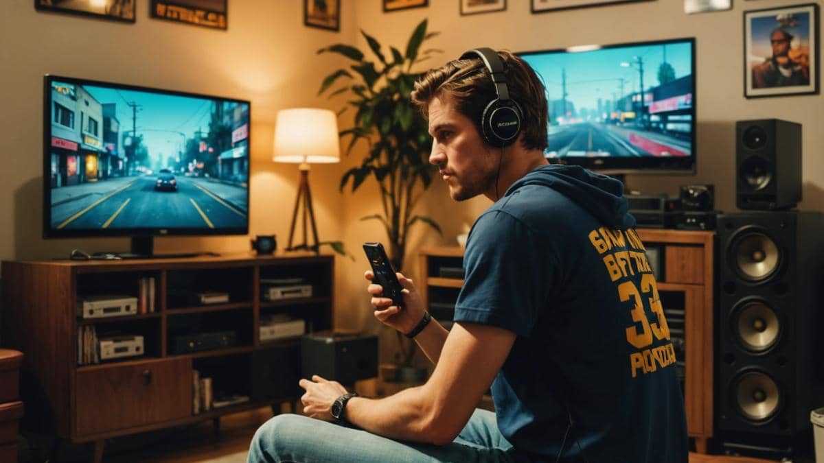 GTA San Andreas Mobile: ¿Vale la pena la última actualización o es solo nostalgia? A modern gamer sitting in a cozy apartment surrounded by retro and modern consoles, playing GTA San Andreas on a smartphone, photorealistic editorial style, warm lighting, clear focus on the phone displaying the game's classic interface, vibrant colors and visible nostalgic gaming posters in the background, main subject centered and in sharp focus.