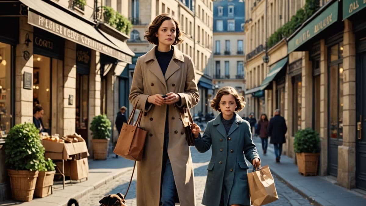 Marion Cotillard: de niña perdida en París a icono global, ¿conoces su lado más inesperado? A young Marion Cotillard in 1982, walking with a small dog on the quiet streets of Paris, early morning light, editorial photorealistic style. The scene feels nostalgic and cinematic, with classic French architecture in the background. Main subject (a little girl with expressive eyes and short brown hair) is well-centered and in sharp focus, holding a shopping bag, conveying innocence and curiosity.