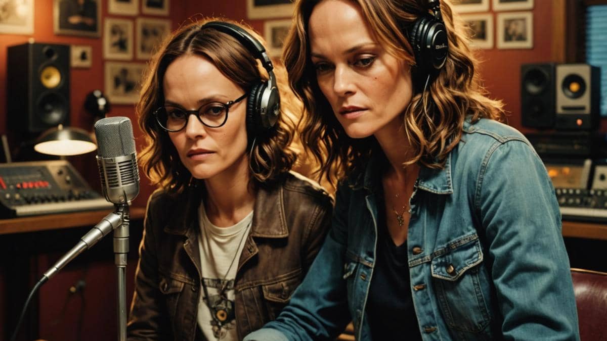 Vanessa Paradis and her son Jack Depp in a recording studio, photorealistic editorial style, warm ambient lighting, both wearing casual stylish clothing, surrounded by vintage microphones, vinyl records and handwritten song lyrics on a table, main subjects well-centered and sharply in focus with a cozy creative atmosphere.