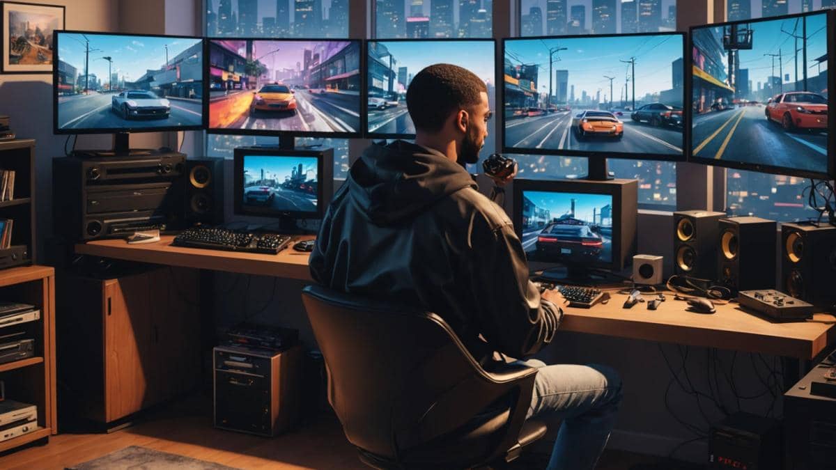 GTA 6 revoluciona: ¿Drake tendrá su propia radio y música exclusiva? A photorealistic editorial image of a young man in a modern apartment, surrounded by retro and next-gen gaming consoles, sitting at his desk playing GTA 6 on a large screen. In the game, the player character is inside a car with a vibrant city outside the window, and the in-game radio display shows 'Drake FM' with music notes. The scene is well-lit, dynamic, and energetic, with posters of hip-hop artists and video game art on the walls. The main subject (the gamer) is centered and in sharp focus, headphones around his neck and an excited expression.